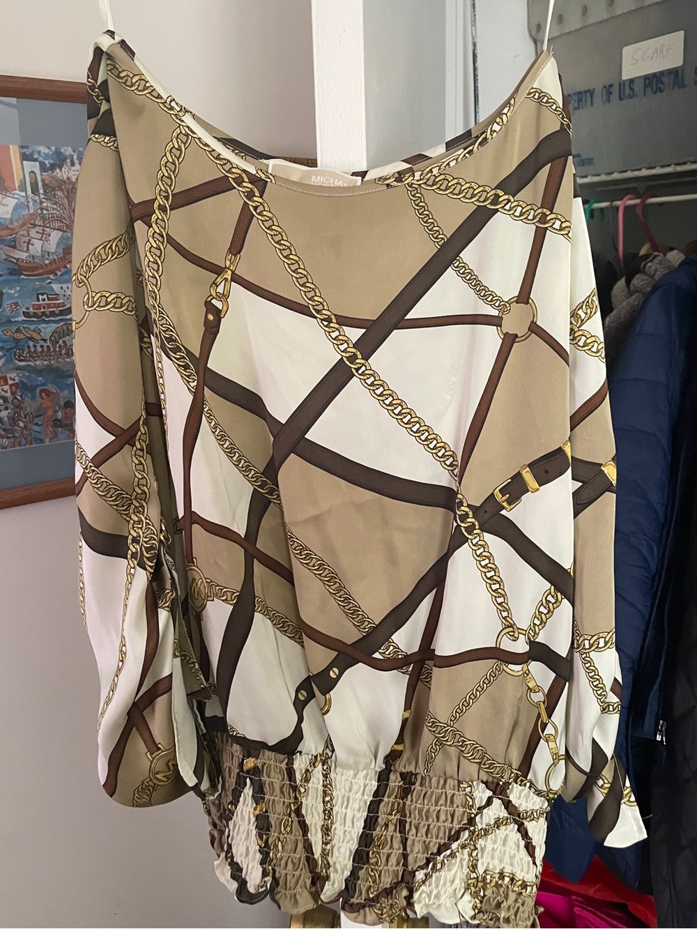 Michael Kors Gold Chain Printed Blouse With Elastic Waist 3/4 Sleeve Size Large